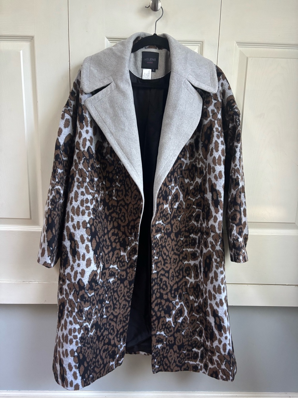 Helene Berman Leopard-Print Trench Coat with Light Gray Collar
